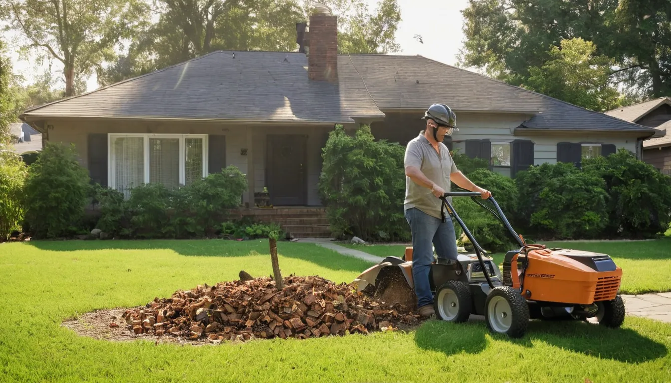 A provider grinding a tree stump in a residential yard in Hickory, wood chips flying near a brick house