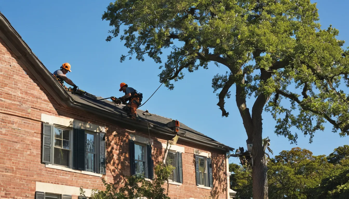 Tree removal provider safely lowering a limb near an older home in Hickory